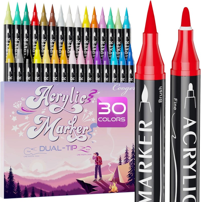Coogert 30 Colors Dual Tip Acrylic Paint Markers,Fine Tip and Brush Tip Permanent Acrylic Paint Pens For Rock Painting, Canvas, Wood, Glass, Ceramic, Fabric, Plastic, Egg, Scrapbook,Art Painting Supplies Kit - Image 1